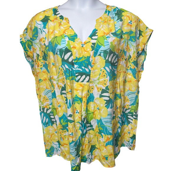 Kim Rogers Tops - KIM ROGERS Womens Yellow Floral Tropical V-Neck Blouse 2X Flowy Airy Boho Artsy